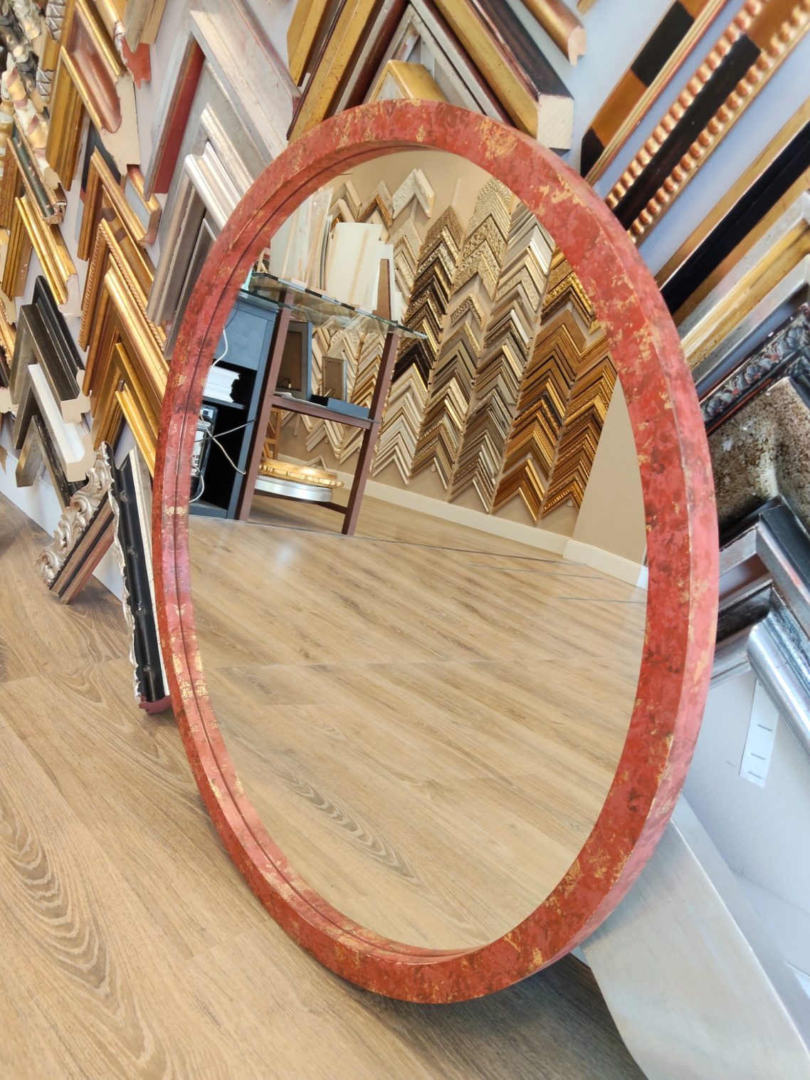 Espejo 80 cm rojo y oro Espejo 80 cm redondo con marco rojo y oro